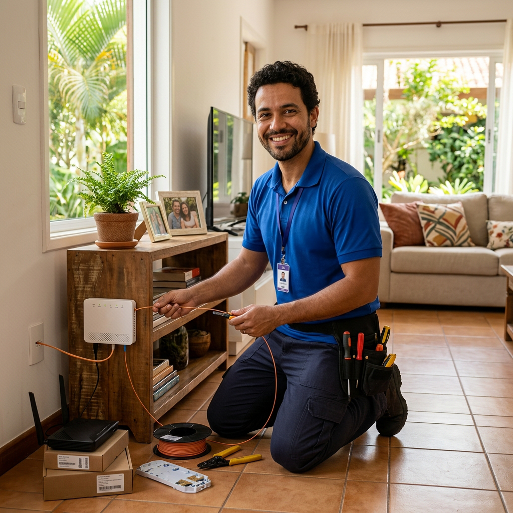 Técnico de instalação GooFiber uniformizado segurando cabo de fibra óptica